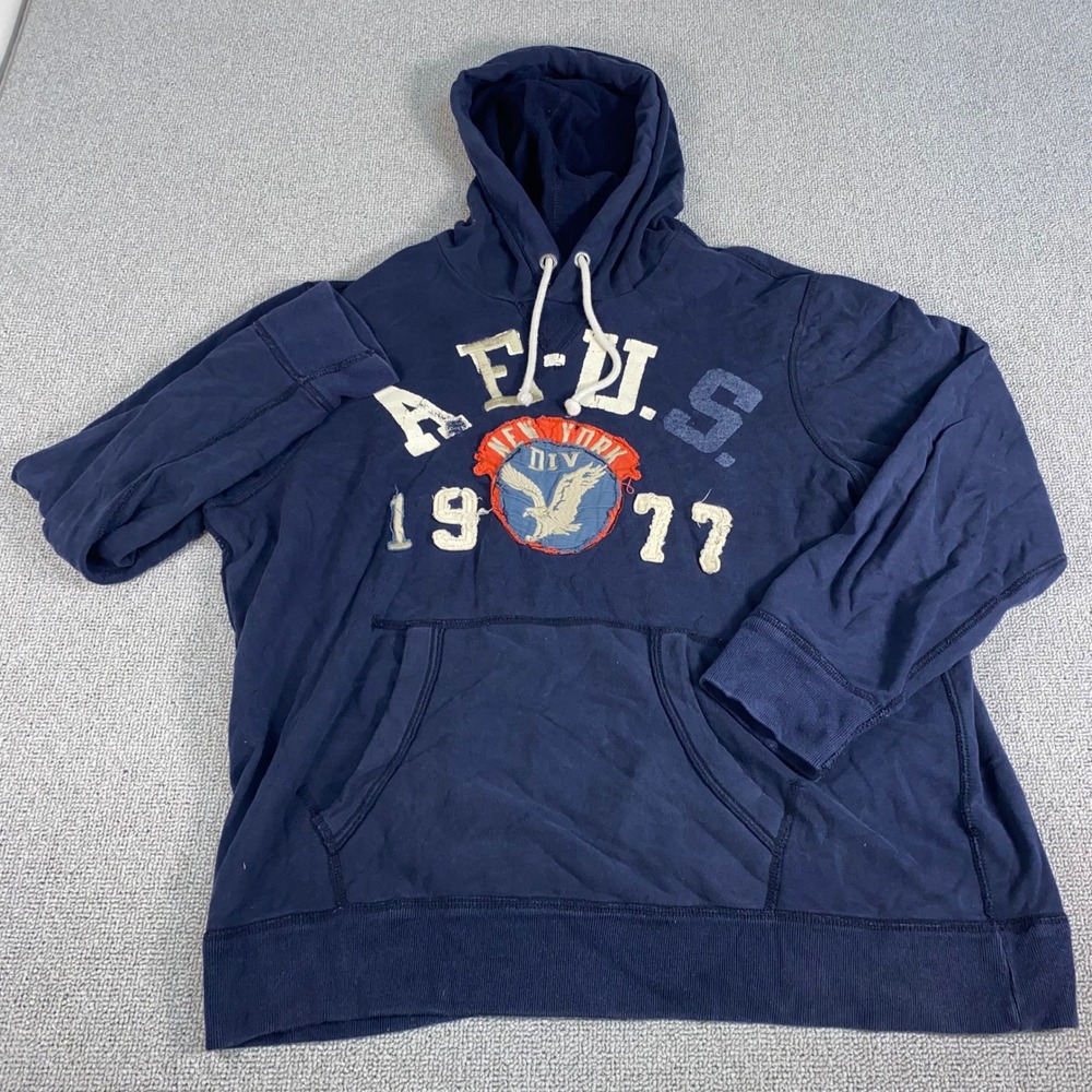 American Eagle Hoodie Mens XXL Blue Graphic Pullover Sweatshirt Eagle Logo 1977